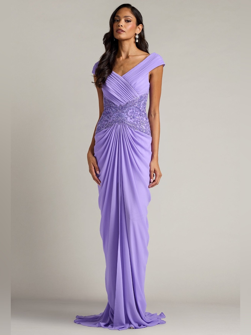 Tadashi Shoji Mihaley Lavender Mist Embroidered Waist Drape Maxi Gown Dress $538 - Picture 2 of 11